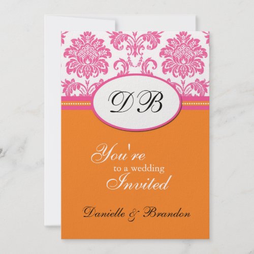 Pink and Orange Damask Monogram Wedding Invitation invitation 