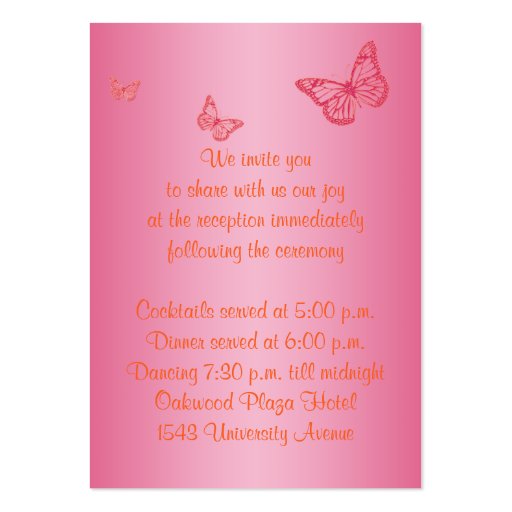 Pink and Orange Floral Butterflies Reception Card Business Card Template (back side)