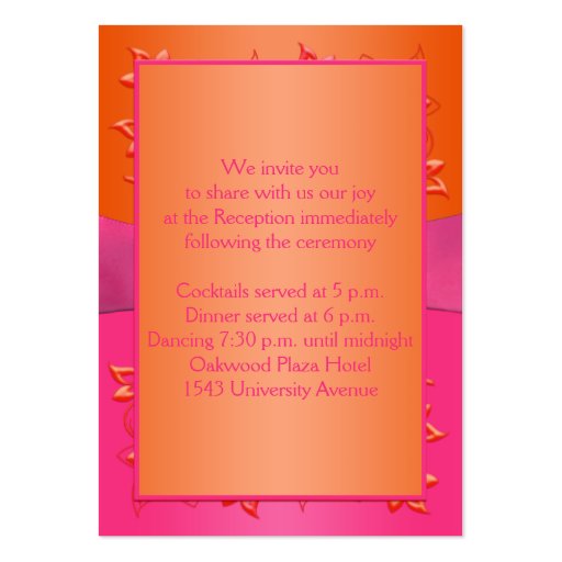Pink and Orange Floral Wedding Enclosure Card Business Card Template (back side)