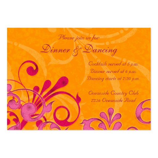 Pink and Orange Floral Wedding Reception Card Business Card Templates (front side)