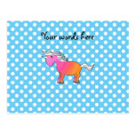 Pink and orange unicorn on blue polka dots post cards