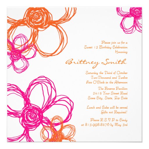 Pink and Orange Wild Flowers Birthday Invitation