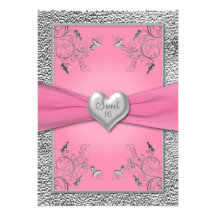 Pink and Pewter Heart Sweet Sixteen Invitation