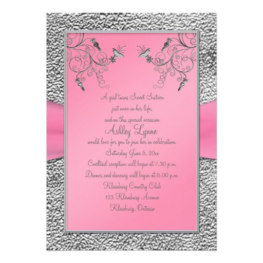 Pink and Pewter Heart Sweet Sixteen Invitation