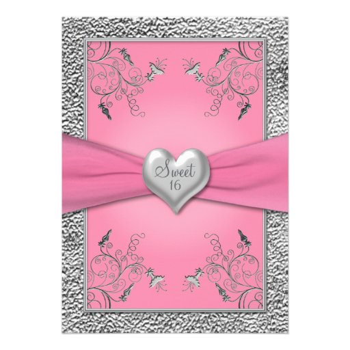 Pink and Pewter Heart Sweet Sixteen Invitation