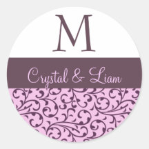 PINK and PLUM PURPLE Damask Wedding Monogram Sticker