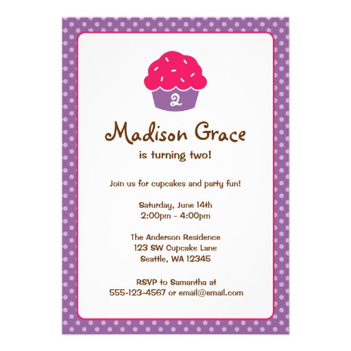 Pink and Purple Cupcake Polka Dot Birthday Party Invitation (front side)