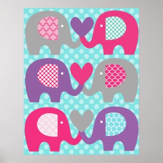 Pink and Purple Elephant Love Nursery Poster