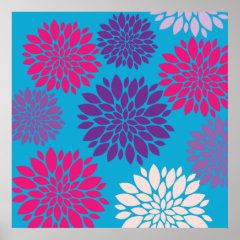 Pink and Purple Flowers on Teal Blue Poster