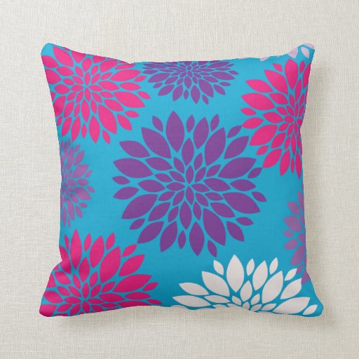 Pink and Purple Flowers on Teal Blue Throw Pillows Zazzle