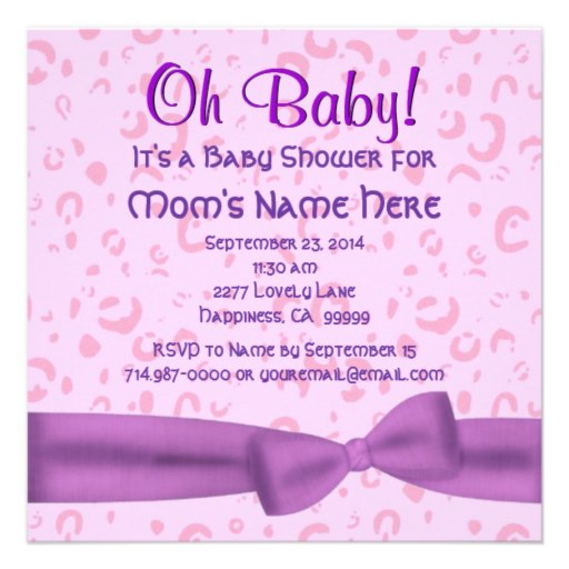 Pink and Purple lLeopard Faux Bow Baby Girl Shower Custom Invitation