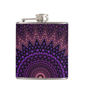 pink and purple mehandi kaleidoscope pattern hip flask