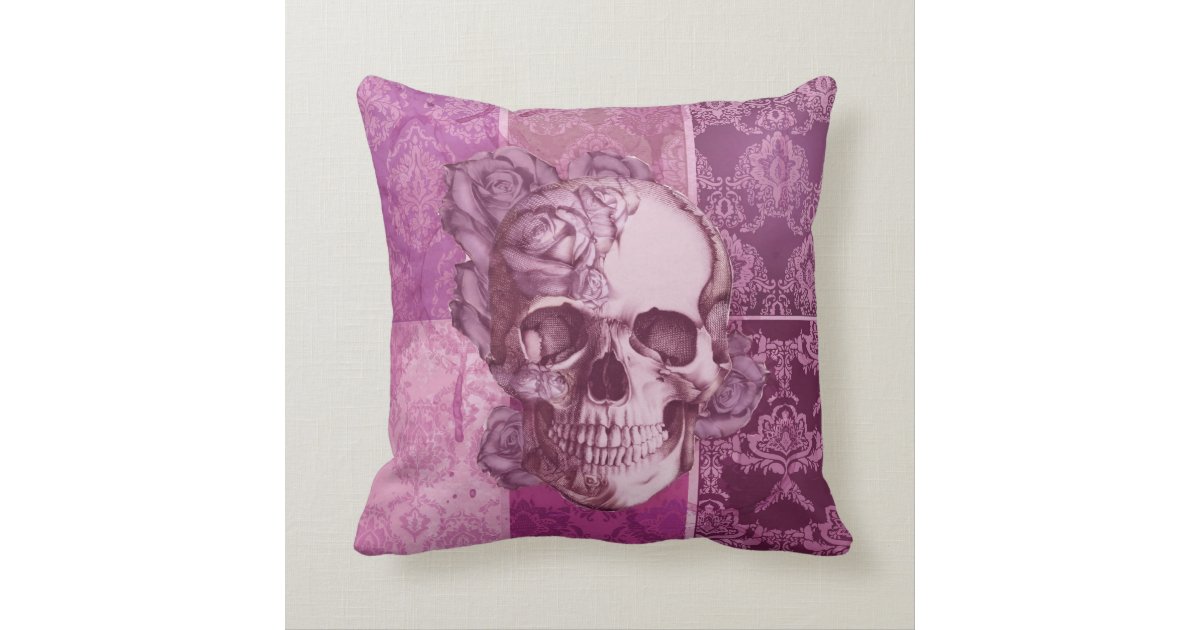 Pink and Purple Rose Skull damask pillow. Throw Pillow Zazzle