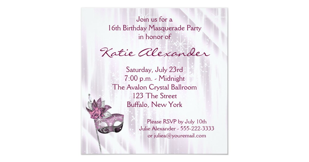 Pink And Purple Sweet 16 Masquerade Party Card Zazzle