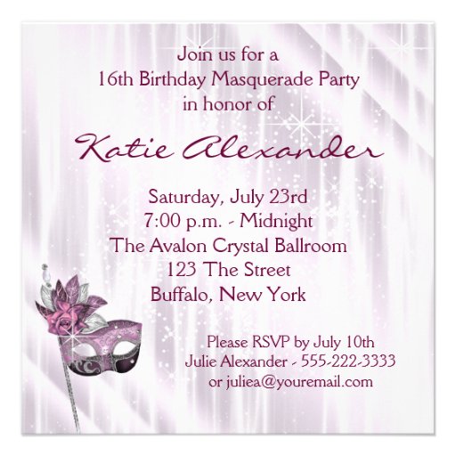 Pink and Purple Sweet 16 Masquerade Party Custom Invitations