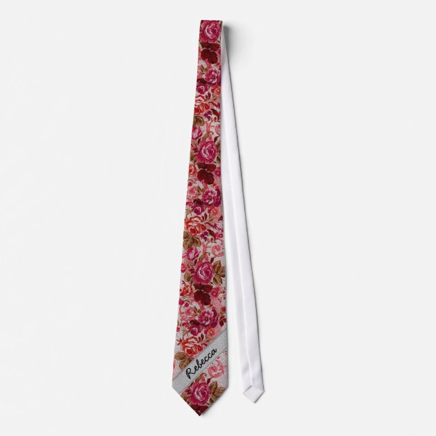 Pink and Red Floral Rose Paint Monogram Tie