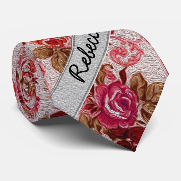 Pink and Red Floral Rose Paint Monogram Tie