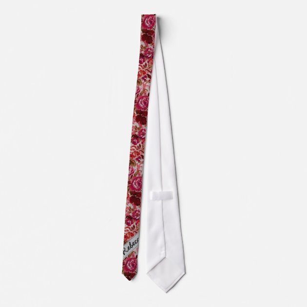 Pink and Red Floral Rose Paint Monogram Tie-2