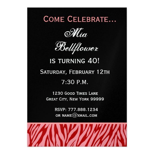 Pink and Red Zebra Stripes - 40th Birthday Personalized Invitation