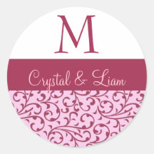 PINK and ROSE Damask Wedding Monogram Round Sticker