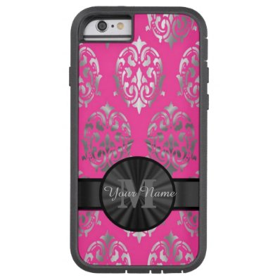 Pink and silver damask personalized monogram tough xtreme iPhone 6 case