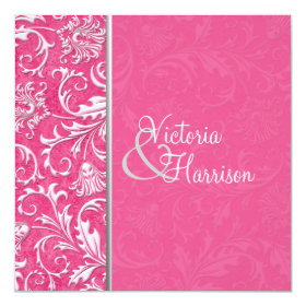 Pink and Silver Damask Wedding Invitation 5.25