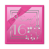 Pink and Silver Floral Sweet Sixteen Magnet