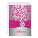 Pink and Silver Gray Damask Sweet 16 Invitation