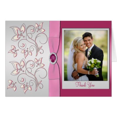 Pink and Silver Thank You Card with Photo Insert Greeting Cards