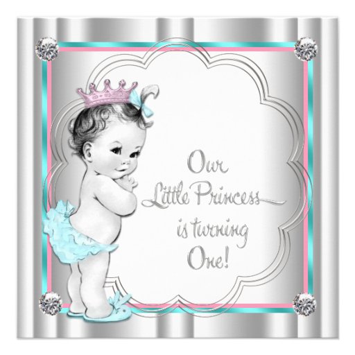 Pink and Teal Blue Princess 1st Birthday Party Custom Invitations