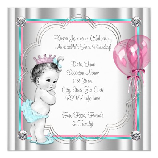 Pink and Teal Blue Princess 1st Birthday Party Custom Invitations