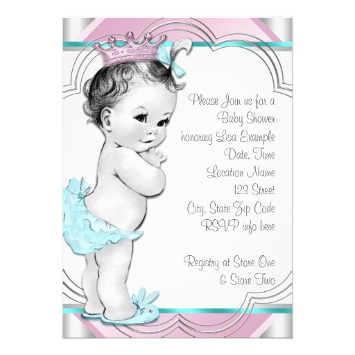 Pink and Teal Blue Princess Baby Shower Custom Invites