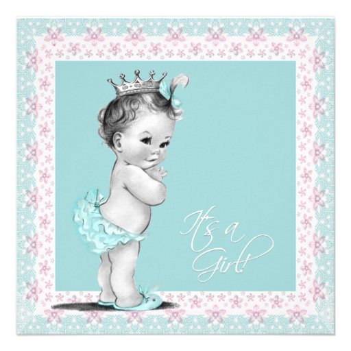 Pink and Teal Blue Vintage Baby Girl Shower Custom Invitations