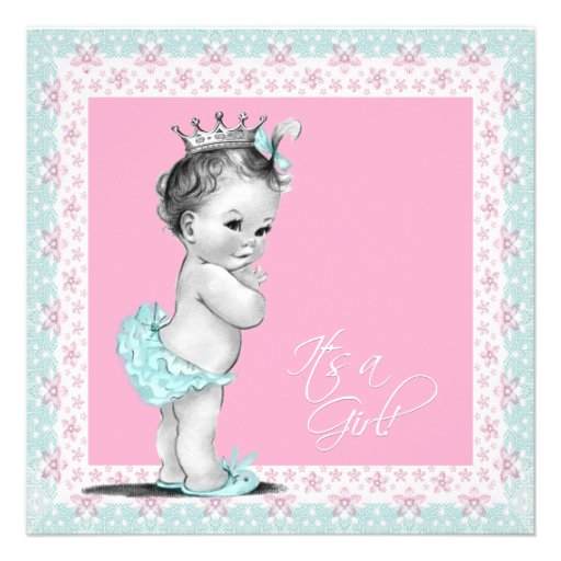 Pink and Teal Blue Vintage Baby Girl Shower Personalized Invitation