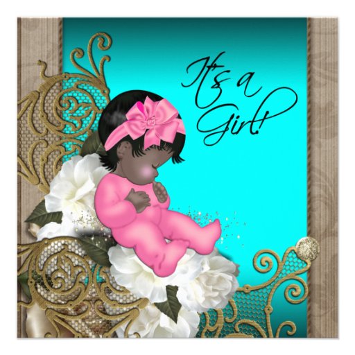 Pink and Teal Blue Vintage Baby Girl Shower Custom Announcements