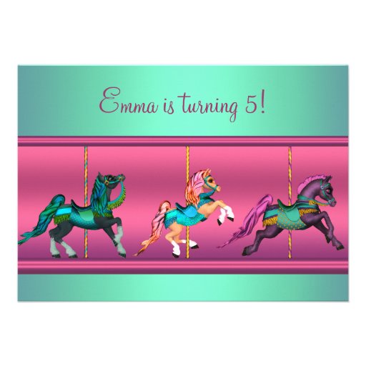 Pink and Teal Carousel Pony Birthday Party Custom Announcements