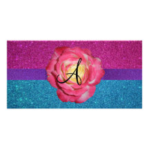 Pink and turquoise glitter monogram pink rose personalized photo card