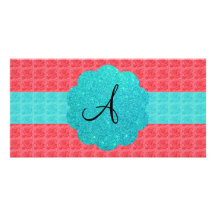 Pink and turquoise roses monogram personalized photo card