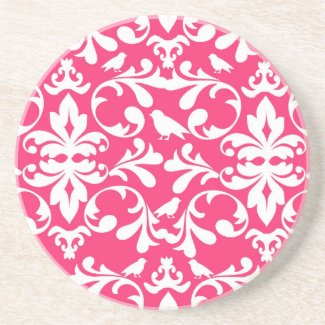 pink and white bird damask pattern coaster