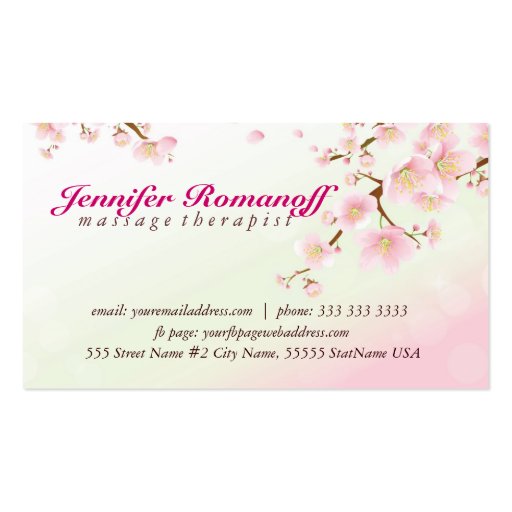 Pink And White Cherry Blossom Natural Spa Business Cards (back side)