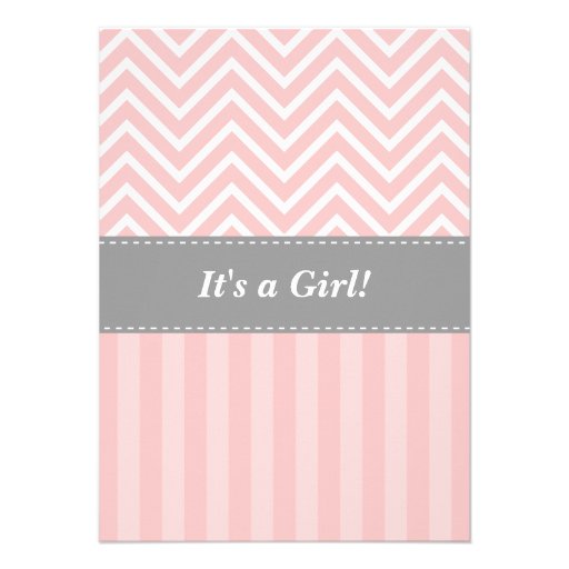 Pink and White Chevron, Stroller, Baby Girl Shower Personalized Announcements