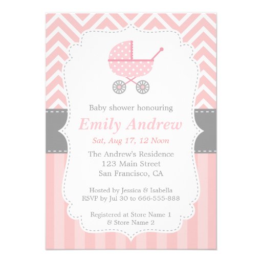 Pink and White Chevron, Stroller, Baby Girl Shower Personalized Announcements