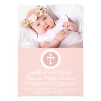 Pink and White Cross Baptism Photo Invitation