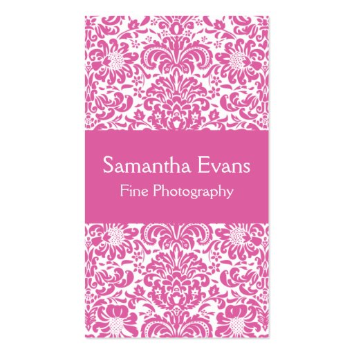 Pink and White Damask Business Card (front side)