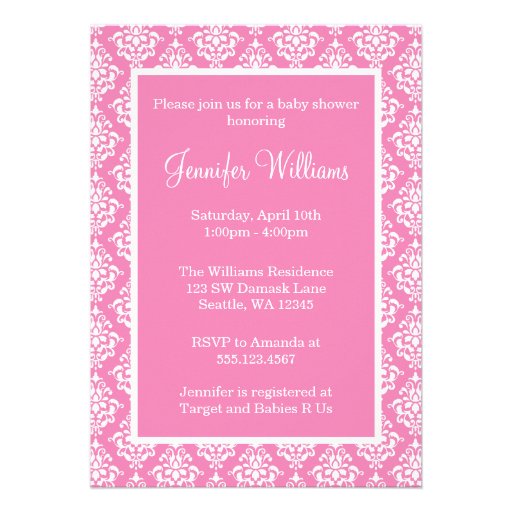 Pink and White Damask Girl Baby Shower Personalized Invites