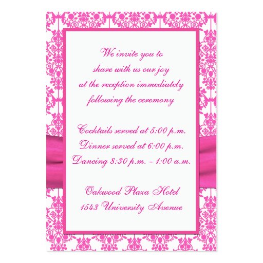 Pink and White Damask Joined Hearts Enclosure Card Business Card (back side)