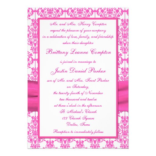 Pink and White Damask Wedding Invitation 5x7