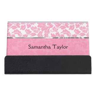 Pink And White Floral Damask Desk Business Card Holder