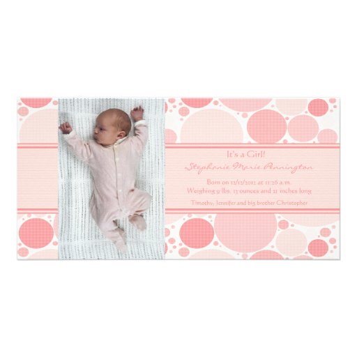 Pink and white modern dots girls baby announcement personalized photo card