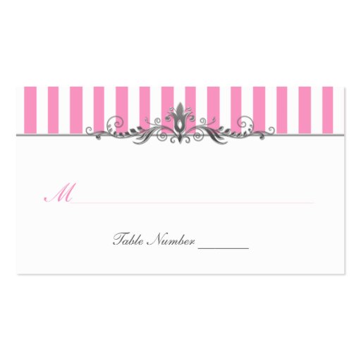 Pink and White Striped Place Card Business Card Template (front side)